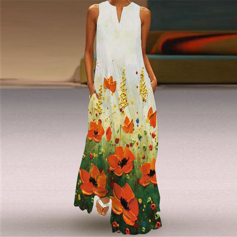 New Summer Women's Sleeveless Long Dress V-Neck Floral Print Dress European and American Cross-Border Foreign Trade Women's Clothing