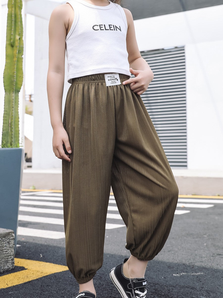 Children's Ice Silk Quick-drying Anti-mosquito Pants Girls Ultra-thin Air Conditioning Lantern Pants Summer Beach Pants Boys Black and White Paid Trousers