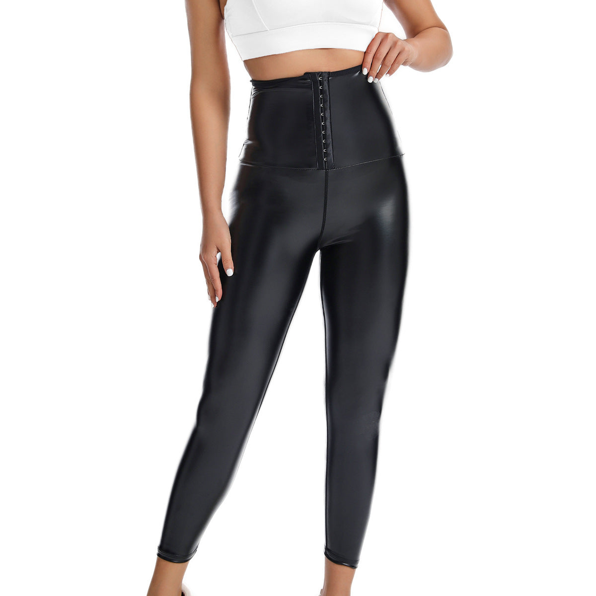 Cross-Border Tight-Fitting Butt-Lifting Leather Pants for European and American Women, Buttoned Body-Shaping Pants, Sexy Corset, High-Waisted Sports and Leisure