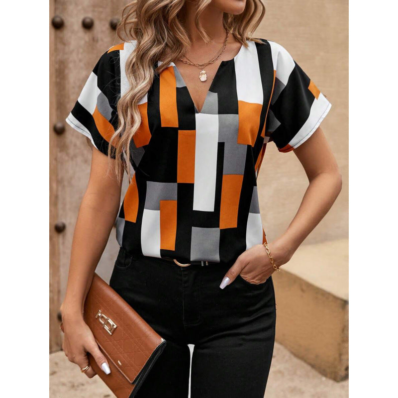 Foreign Trade New Cross-Border Blouses Geometric Print Slit Collar Shirt Short-Sleeved Top