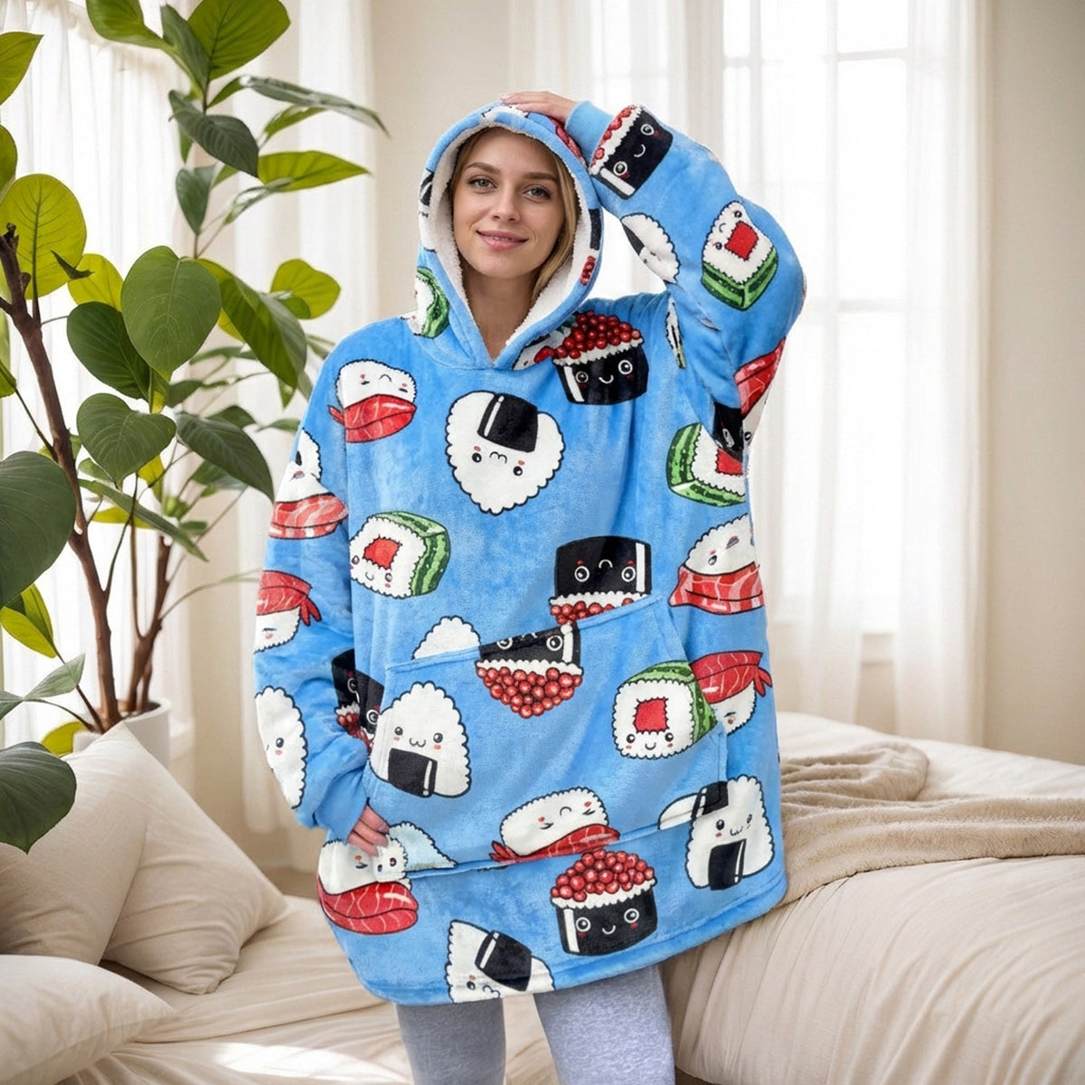 2021 Winter Fleece-Lined Thickened Navy Blue and Dark Gray Zip-Up Lazy Blanket Long-Sleeve Casual Flannel Hoodie