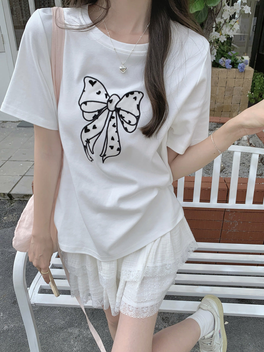Age-Reducing Sweet Bow Patch Short-Sleeve T-Shirt for Women 2026 New Popular Style Loose Slimming Base Top Ins Trend