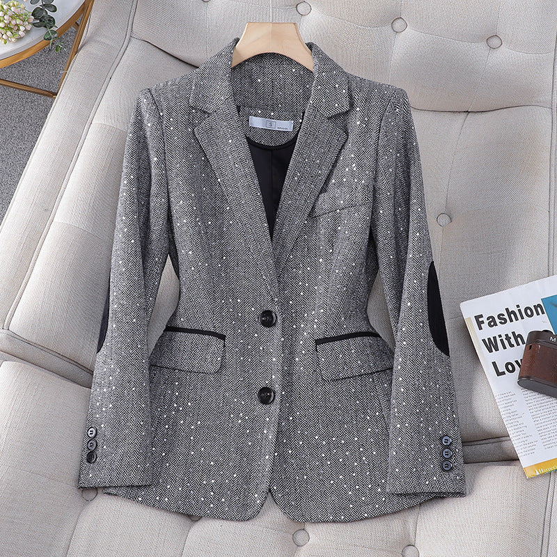 [Old Qian Feng] Women's Contrast Spring and Autumn Coat Sales Houndstooth Suit Women's Coat Women's Small Suit Jacket