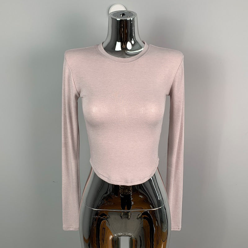South Korea Dongdaemun round neck sexy hot girl waist tight solid color slimming short all-match long sleeve T-shirt top for women