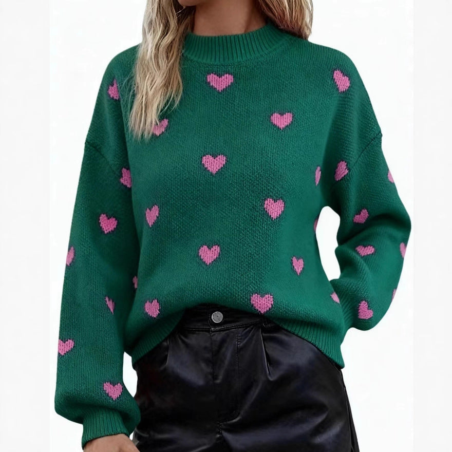European and American Fashionable Autumn and Winter New Sweaters Long-Sleeved Round Neck Knitted Pullover Heart Loose Casual Women's Clothing