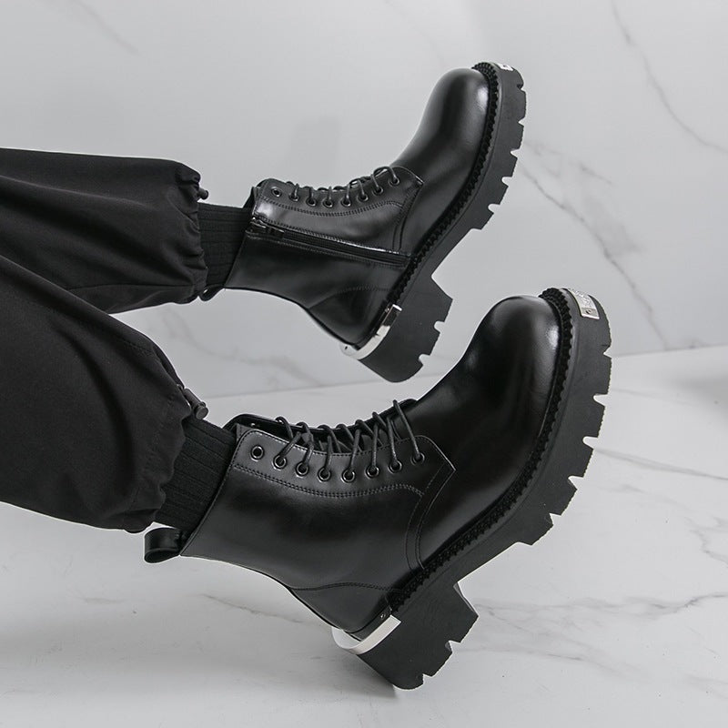 Cross-Border Men's Thick-Soled Heightening Lace-Up Leather Boots British Style Formal Casual Shoes High-Top Leather Shoes Short Boots Large Size Men's Shoes