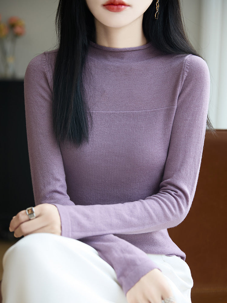 Sweater Women's Autumn and Winter Rolled Edge Half Turtleneck Knitted Sweater Thin Long-Sleeved Knitted Bottoming Shirt Women's Top Cross-Border Sweater