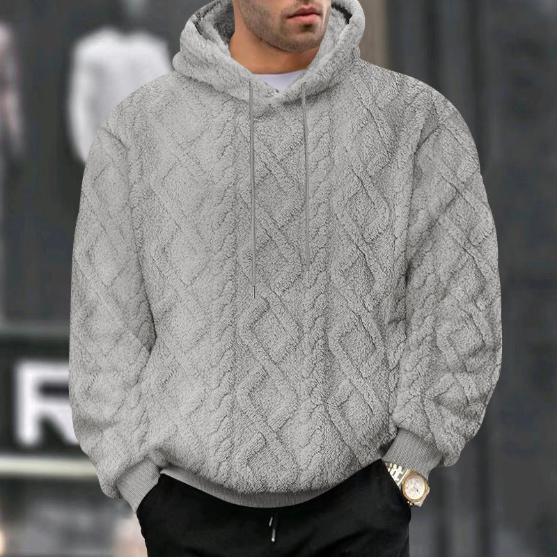 Cross-Border American Style Autumn and Winter Sweatshirt for Men, Casual High Street Jacquard Diamond Double-Sided Fleece Loose Pullover Hooded Sweatshirt for Men