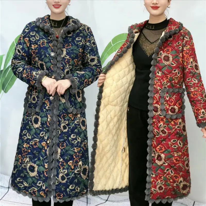 2024 autumn and winter new home clothing cotton-padded jacket women's long cotton-padded jacket women's coat fleece-lined warm Joker mother coat