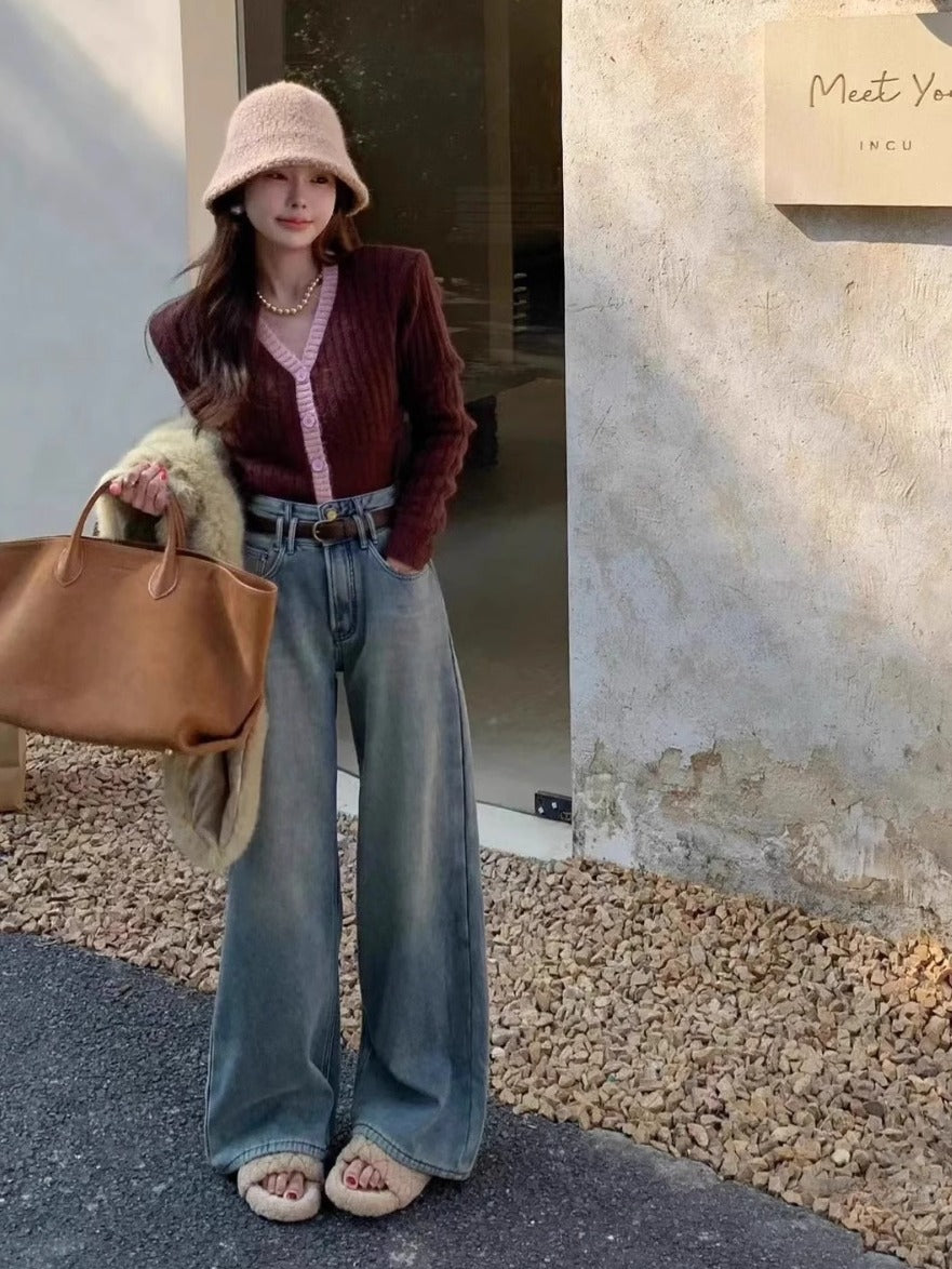 Light-Colored Wide-Leg Jeans for Women, High-Waisted and Drapey, 2025 Spring New Style, Fashionable, Simple, Loose, Slimming Straight-Leg Pants