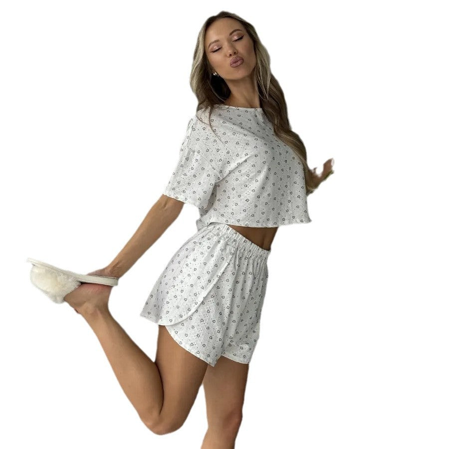 Women's Pajamas with Hollow-Out Breathable Print, Sexy Split Shorts, Round Neck Top Set, Loungewear for Home Comfort