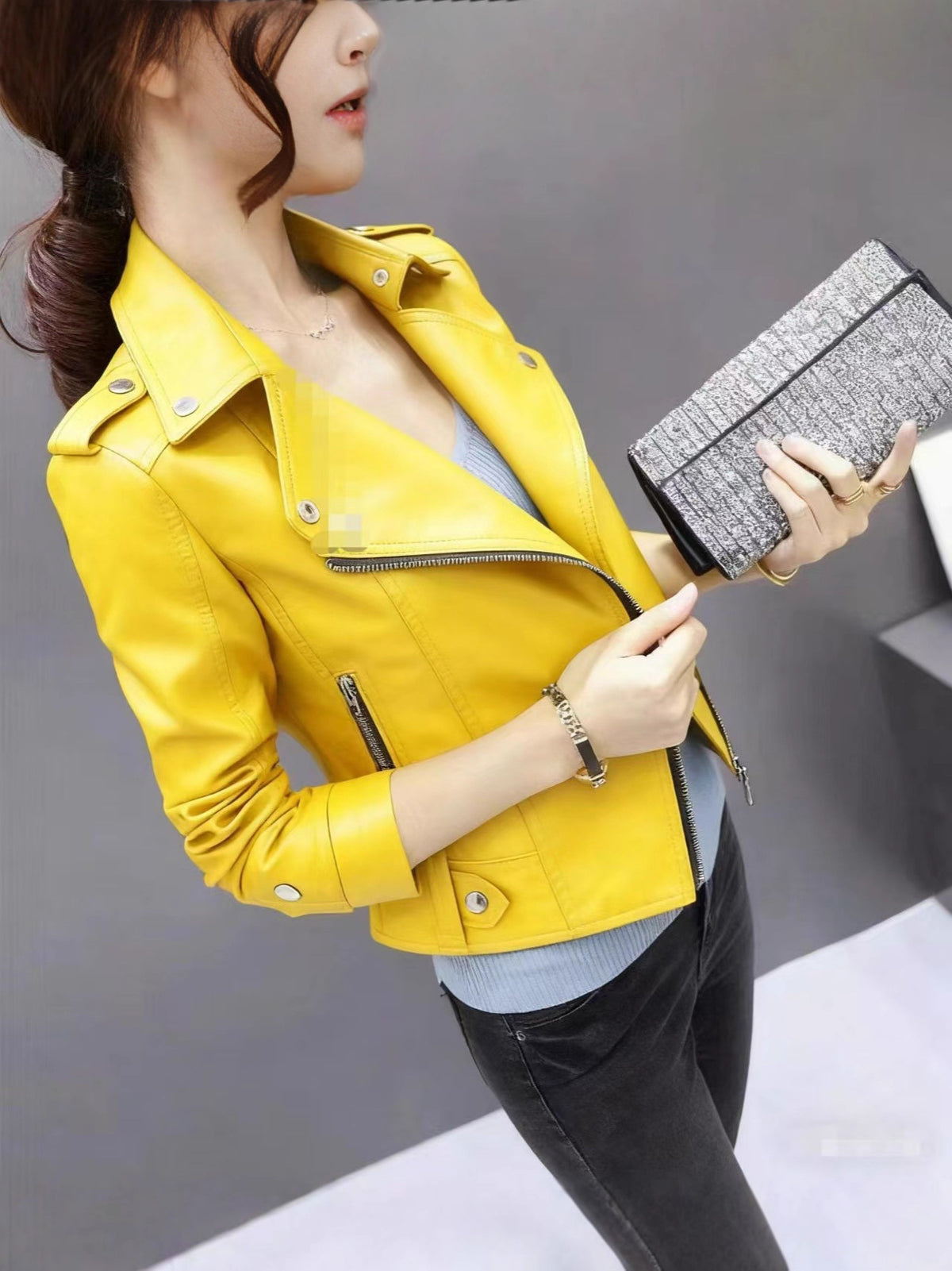 2025 Women's Leather Jacket Autumn Korean Style Slim Fit Motorcycle Pu Leather Casual Versatile Jacket