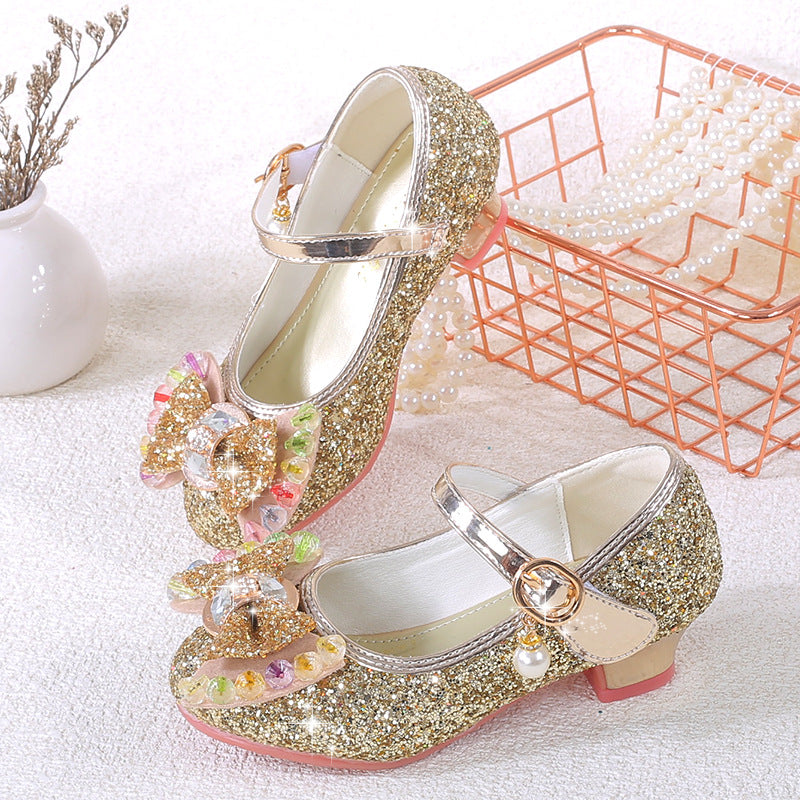 Girls' Leather Shoes Spring Dress High-heeled Single-layer Shoes for Big Children Colorful Diamond Bow Wedding Host Performance Princess Shoes