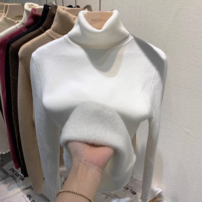 Thickened Fleece-Lined Thermal Sweater for Women, Autumn and Winter Ribbed High-Neck Long-Sleeve Knit Base Shirt