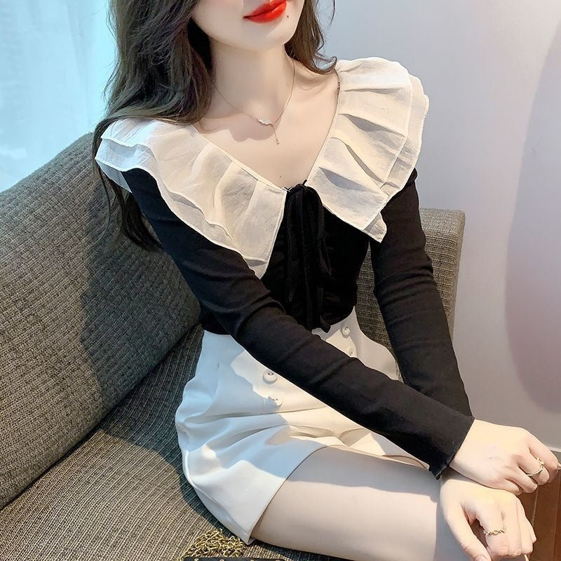 Pure Desire Hot Girl One-Shoulder Long Sleeve T-Shirt for Women 2024 Autumn New Style with Unique Ruffle Design Short Top