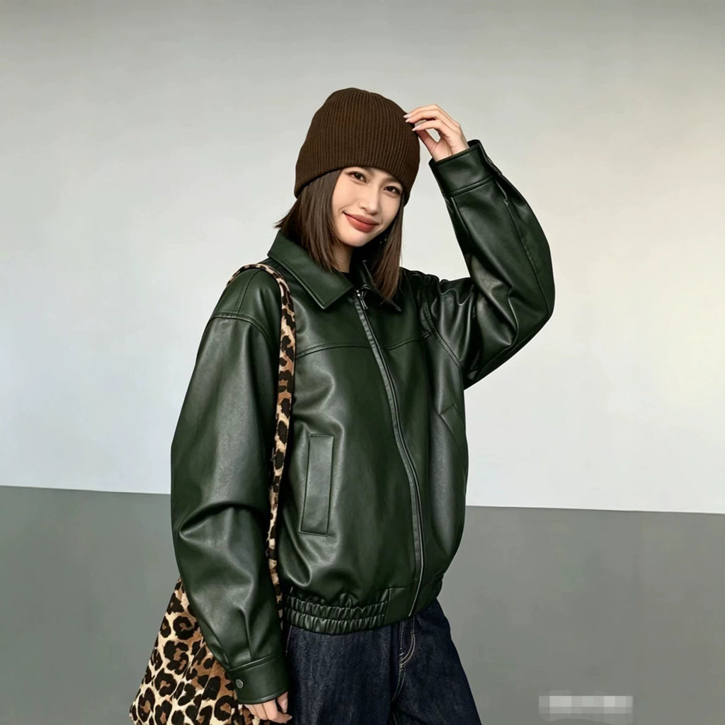 Foreign Trade Wholesale Autumn and Winter New Women's Clothing High-End Style Lapel Long-Sleeved Zipper Faux Leather Casual Jacket