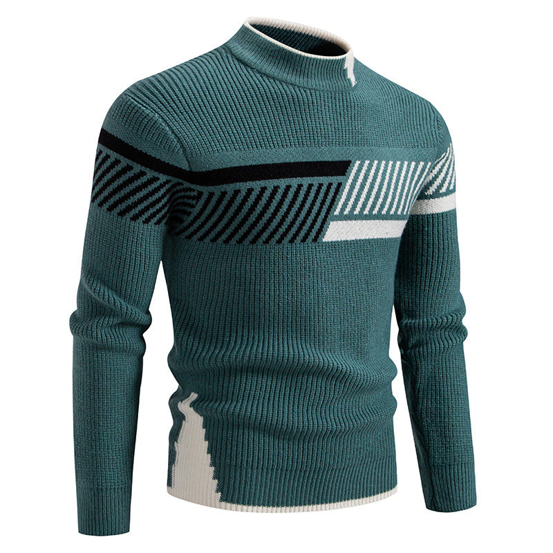 Lazy Style Sweater Men's Autumn and Winter 2024 New Half-turtleneck Knitted Sweater Men's Color-block Base Shirt Warm Sweater