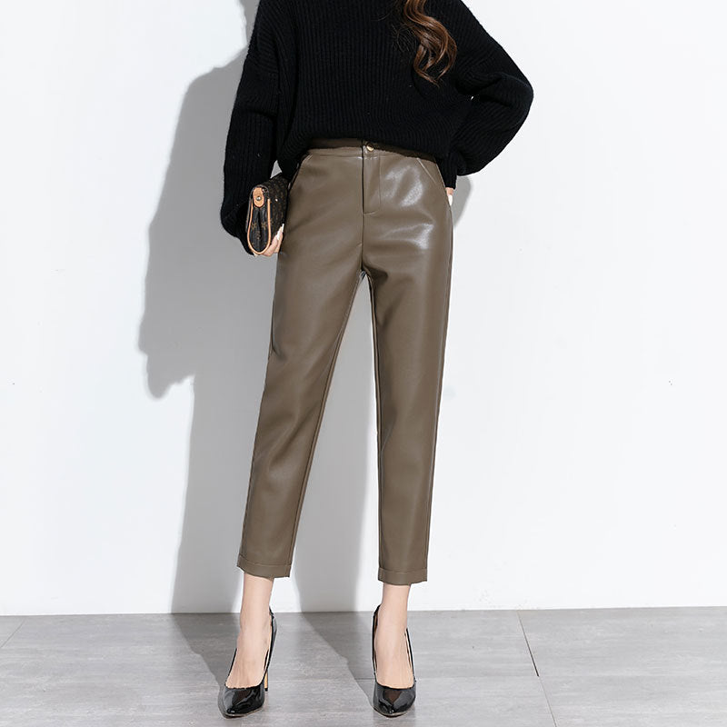 Genuine Leather Pants for Women 2025 Autumn and Winter High-Waisted Straight Casual Slimming Look Harem Pants Goatskin Nine-Point Cigarette Pants for Women