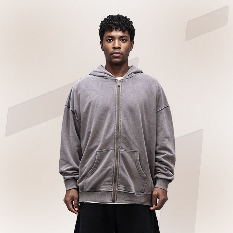 350g Distressed Zipper Hoodie for Men, Oversized Drop Shoulder Vintage Washed Heavy Terry Cardigan Jacket, Heavyweight Men's Clothing