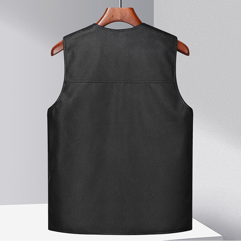 Autumn and Winter New Middle-aged Men's Leather Vest fleece-lined Thickened Dad Winter Clothing V-Neck Grandpa Outer Wearing Warm Vest