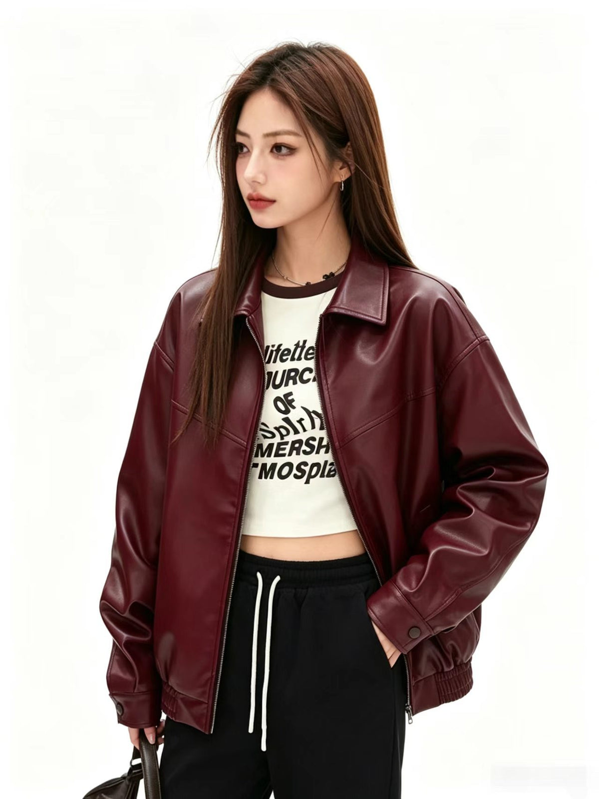 Foreign Trade Wholesale Autumn and Winter New Women's Clothing High-End Style Lapel Long-Sleeved Zipper Faux Leather Casual Jacket