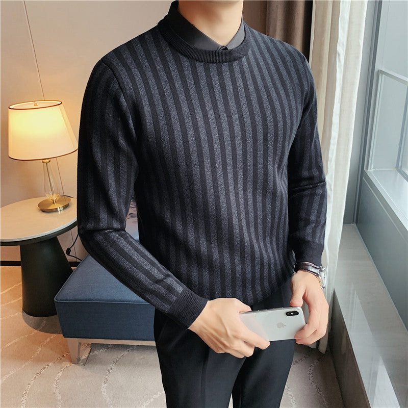 Fake Two-piece Sweater 2022 Autumn Men's Textured Striped Shirt Collar Sweater Pullover Stretch Casual Sweater for Men