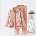 Autumn and Winter new Japanese style simple plaid double-layer gauze quilted men and women couple pajamas home thickened cotton-padded jacket suit