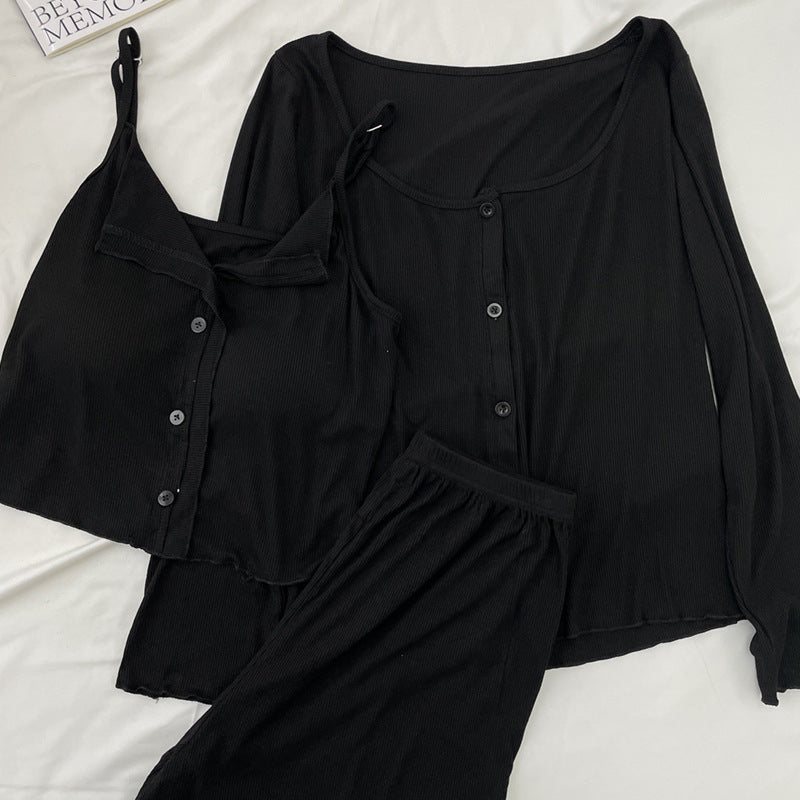 Modal Cotton Pajamas Women's Spring and Autumn Four-piece Suit Sling Trousers with Chest Pad Outfit Summer Home Clothes