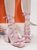 Sweet Cross Strap Ballet High Heels Women's Thick Heel French Satin Bow Lolita Mary Jane Shoes