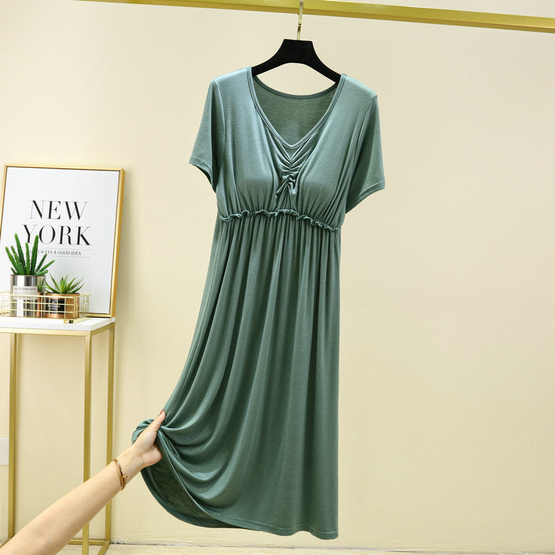 Women's Summer Thin Non-Bra Pajamas with Chest Pad Modal Loose Large Size Short Sleeve V-neck Home Dress