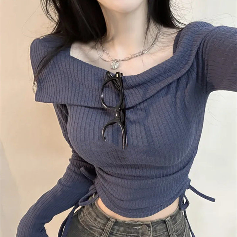 South Korea Dongdaemun Spring and Summer New Elegant One-character Collar Waist Pleated Short Figure Slim-fit Long-sleeved T-shirt for Women
