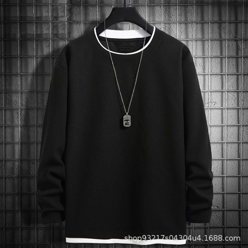 Waffles Sweaters Men's Long-sleeved Spring and Autumn Fake Two-piece Loose All-match Casual Round Neck Base Autumn Men's Top
