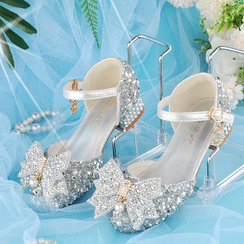 Cinderella Crystal Shoes Silver Model 4 Years Old Party 5 Princess Shoes 6 Little Girl Leather Shoes Children's High Heels 7 Sweet