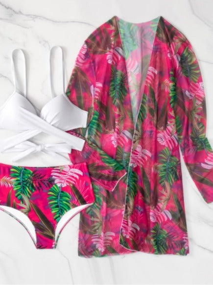 New Swimsuit Women's Cross-border European and American Split Beach Blouse Mesh Three-piece Sexy Bikini Beach Swimsuit