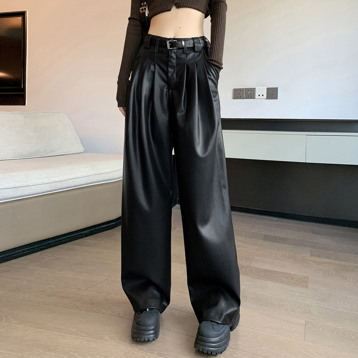 Real shot# leather pants for women 2023 New straight slimming casual pants PU leather personality loose wide leg pants autumn and winter