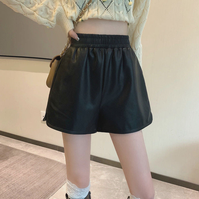 20 High waist casual outerwear leather pants wide leg pants chubby girl leather boot pants shorts women 22 plus size new autumn and winter slimming