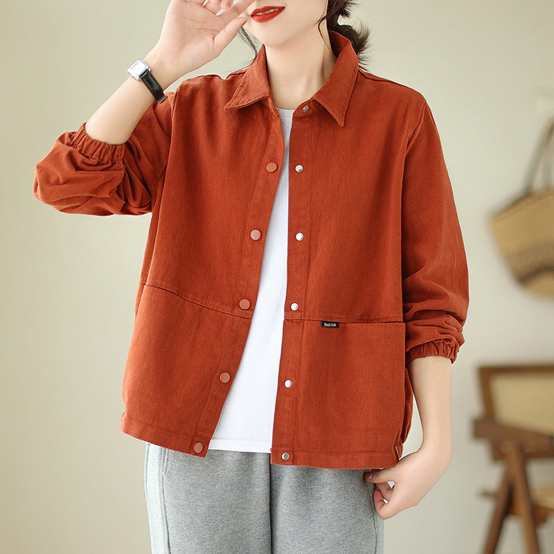 Real Shot of Cotton Jacket Women's Lapel Casual Versatile Loose Slimming Korean Style Autumn New Solid Color Long-Sleeved Jacket for Women