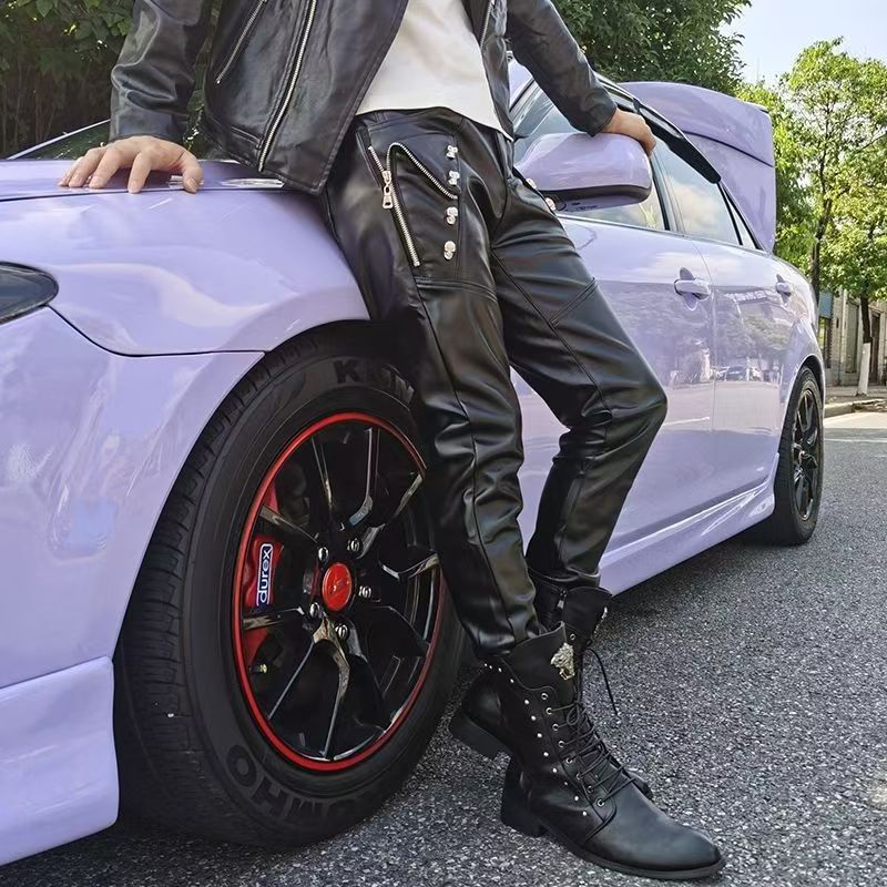 Men's Leather Pants Slim Fit Korean Style Youth Biker Leather Pants Skinny Pants Leather Pants Cross-Border Popular Version