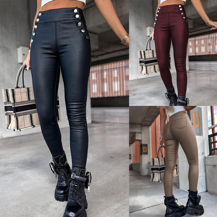 2025 autumn and winter new women's clothing Amazon wish Europe and the United States cross-border high waist PU leather slim hip long pants