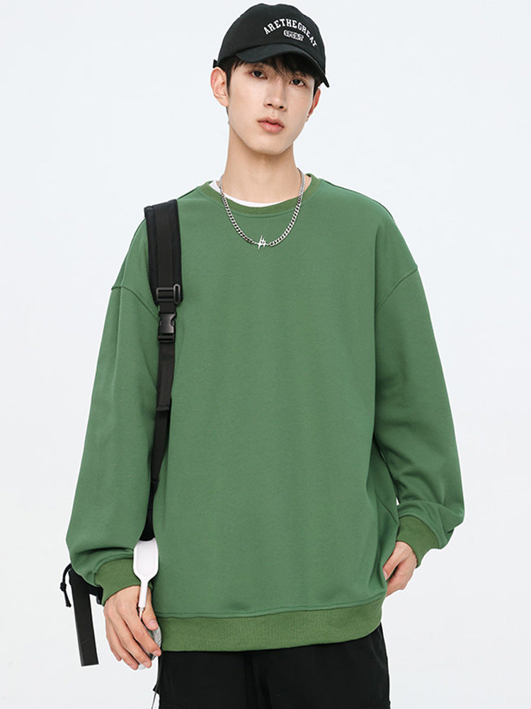 Autumn New Solid Color Loose Round Neck Sweatshirt for Men Trendy Brand Student Couple Hoodless Casual Long Sleeve Inner Layering Shirt