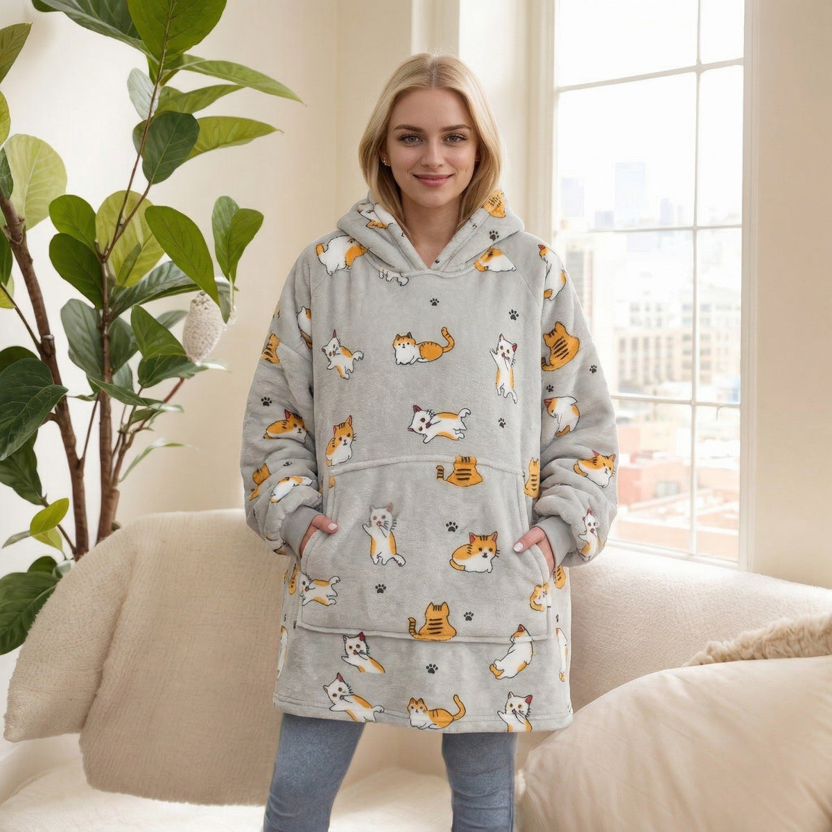 2021 Winter Fleece-Lined Thickened Navy Blue and Dark Gray Zip-Up Lazy Blanket Long-Sleeve Casual Flannel Hoodie