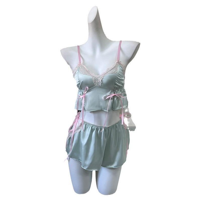 3068 Sexy Pajamas Women's Japanese-style Private Sling Chest Pad Two-piece Suit Pure Summer New Arrival Bow Skirt