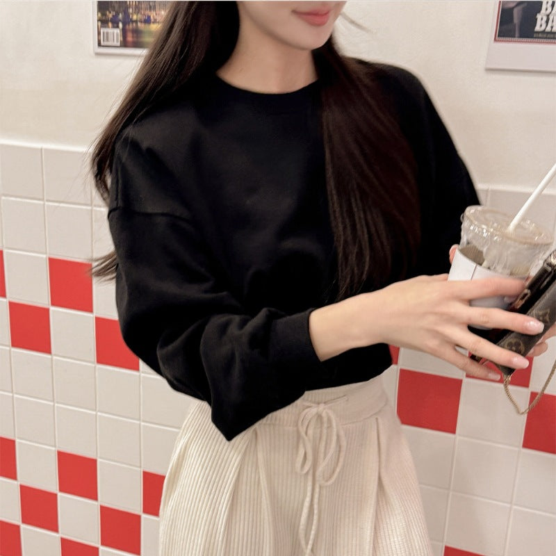 2026 Spring and Autumn New Style Sweatshirt with Slit Hem Design, Sweet and Petite, Long-Sleeved, Pure Cotton, Solid Color, High-End Niche Women's Sweatshirt
