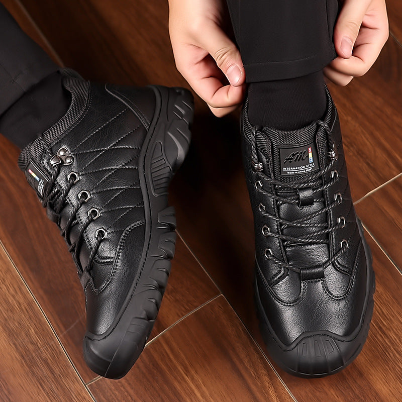 Winter New Men's Wool Warm Cotton Leather Boots Men's Online Sewing Lace-up Casual Leather Shoes Non-slip Wear-resistant Ankle Boots