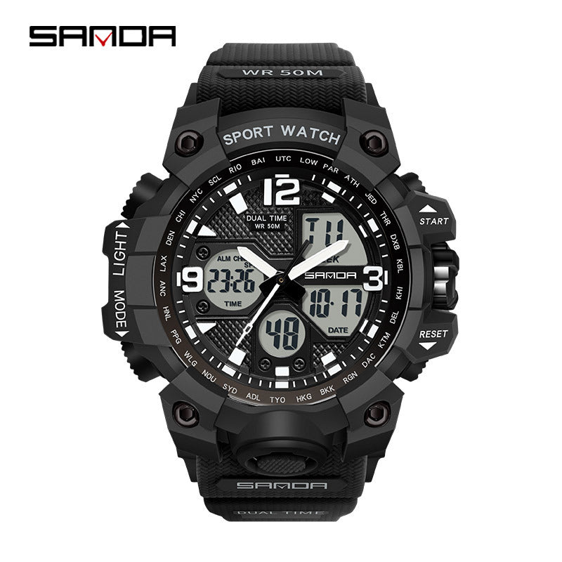 Sanda Hot-Selling Watch Korean Version Student Party Multi-Functional Waterproof Alarm Clock Electronic Watch Cool Dual Display Luminous Sports Watch