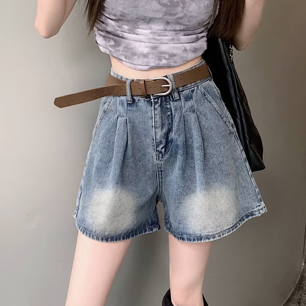 Design Sense Pleated High Waist Jeans Women's Summer American Style New Slim A- Word Retro Loose Wide-Leg Shorts for Women