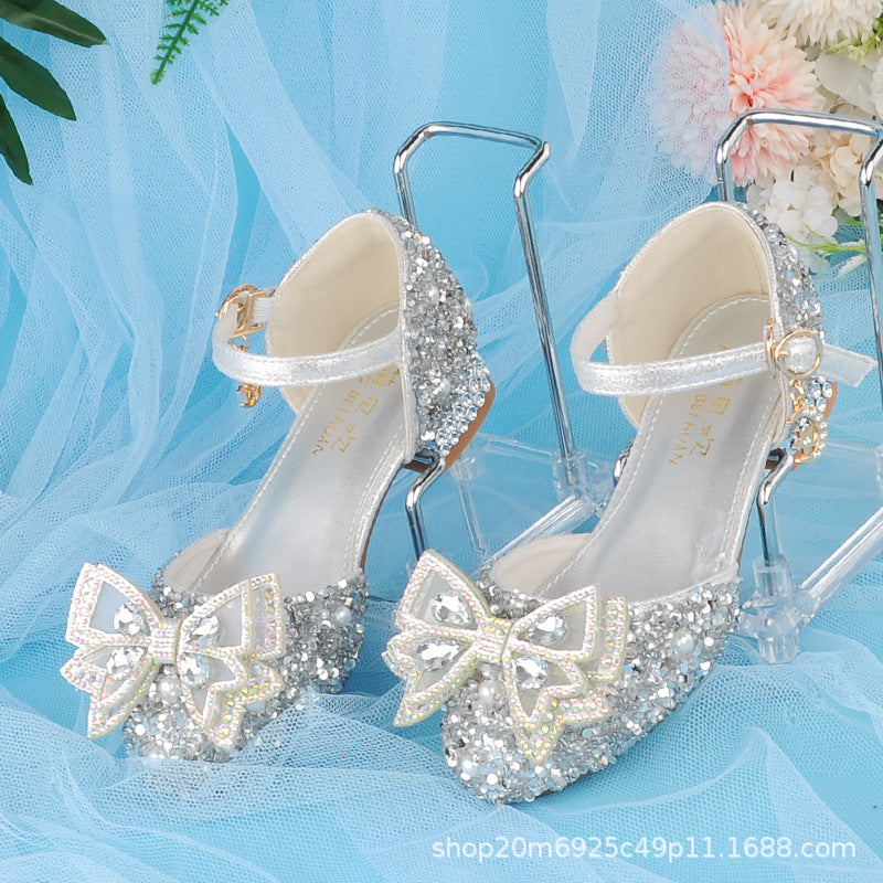 Cinderella Crystal Shoes Silver Model 4 Years Old Party 5 Princess Shoes 6 Little Girl Leather Shoes Children's High Heels 7 Sweet