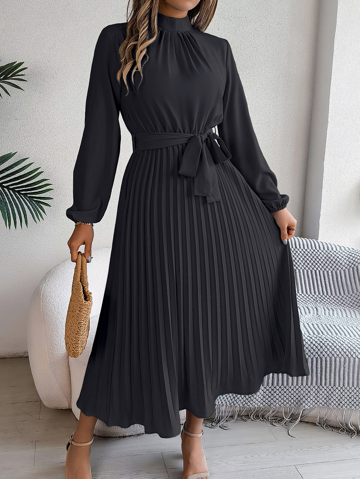 2026 European and American Spring/Summer Elegant Stand Collar Long Sleeve Waist-Cinched Pleated Long Dress Mini Dress Amazon Cross-Border Women's Clothing