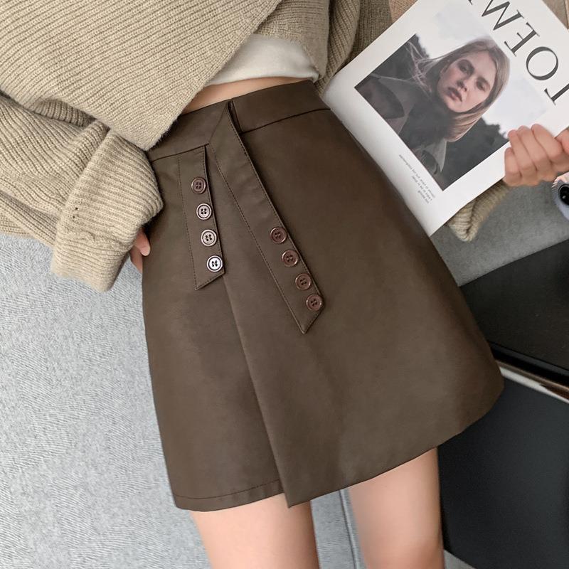 Women's Leather Skirt 2026 Autumn and Winter New Style Irregular High-Waisted Slimming Pu Leather Skirt Versatile with Built-In Shorts