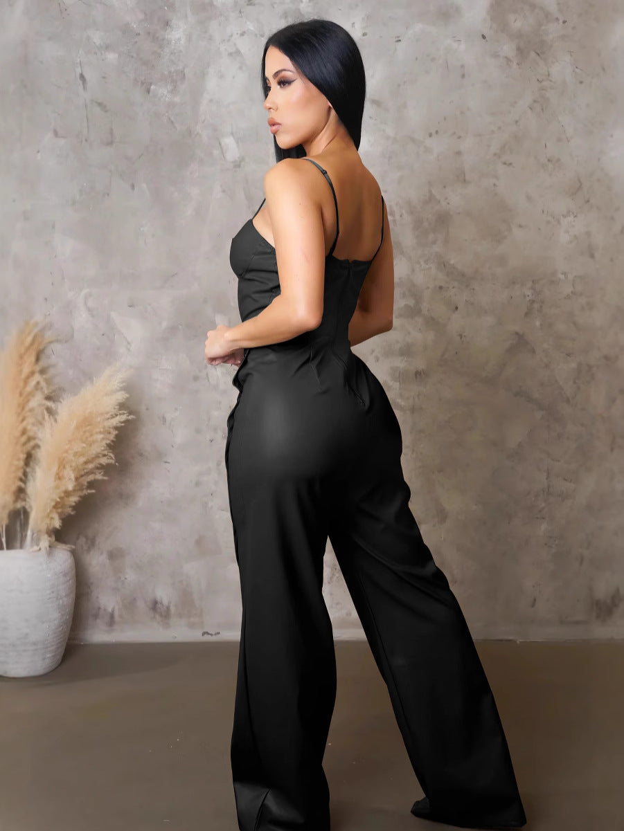 Aj4479 Cross-Border Supply European and American Clothing Pu Leather Suspender Sleeveless Wide-Leg Jumpsuit